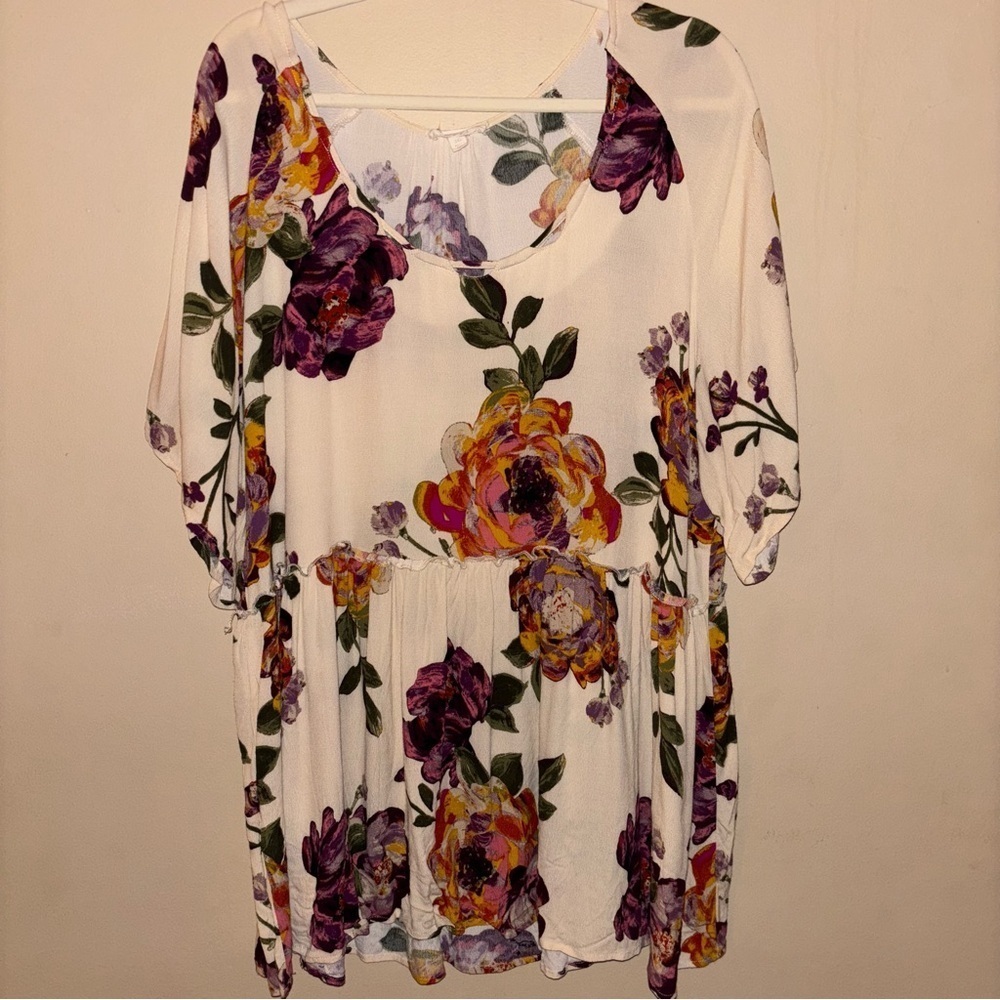 ODDI Babydoll Buttery Cream Large Floral Print Tunic Top Plus Size 3XL
